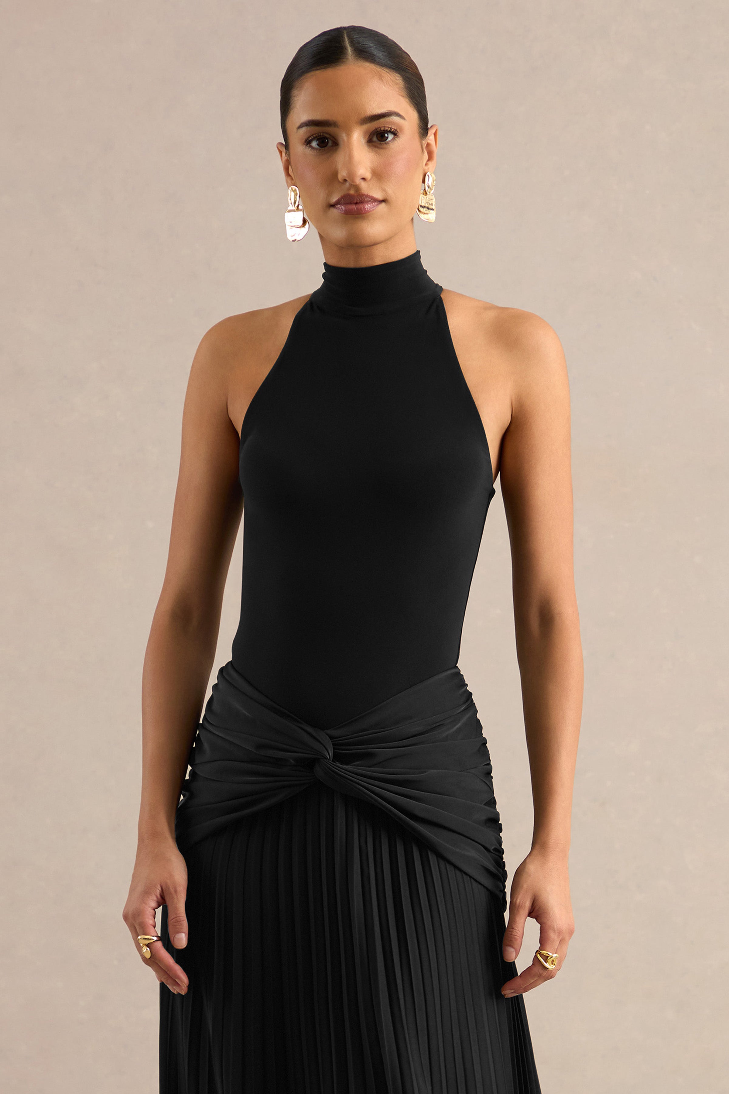 Genevia | Black Halter Neck Thong Bodysuit