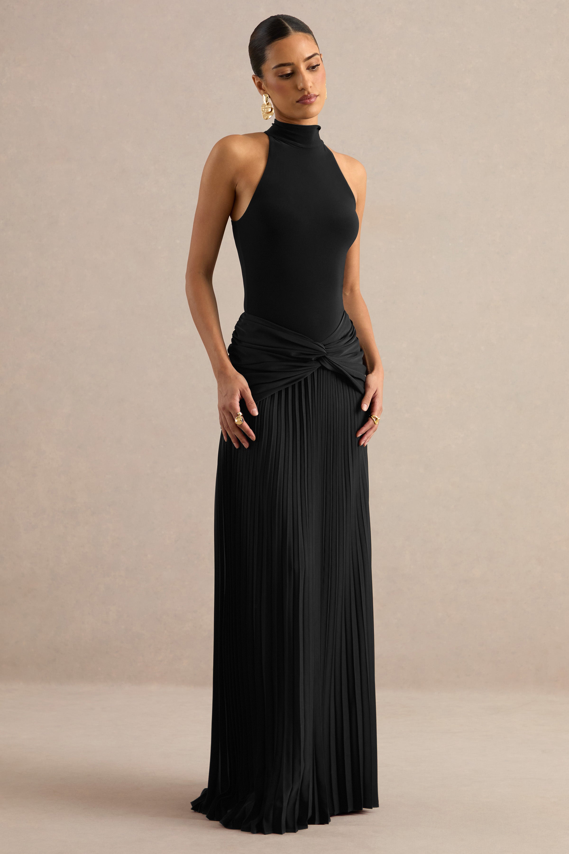 Galisse | Black Satin Maxi-Skirt With Gathered-Detailing