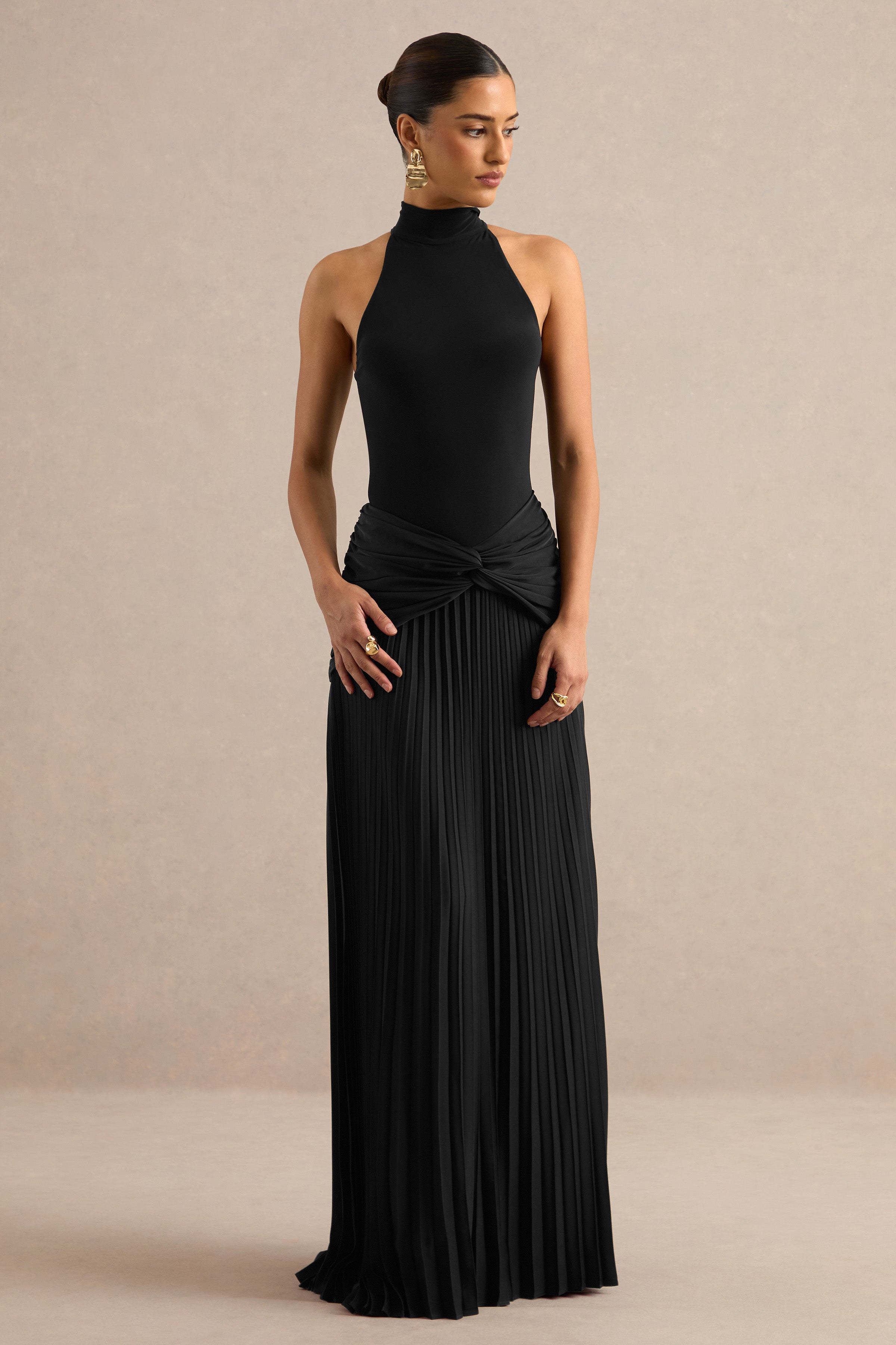 Galisse | Black Satin Maxi-Skirt With Gathered-Detailing