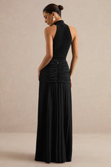 Galisse | Black Satin Maxi-Skirt With Gathered-Detailing