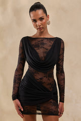 Olaria | Black Lace Bardot-Neck Mini Dress With Gathered-Detailing