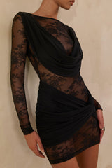 Olaria | Black Lace Bardot-Neck Mini Dress With Gathered-Detailing