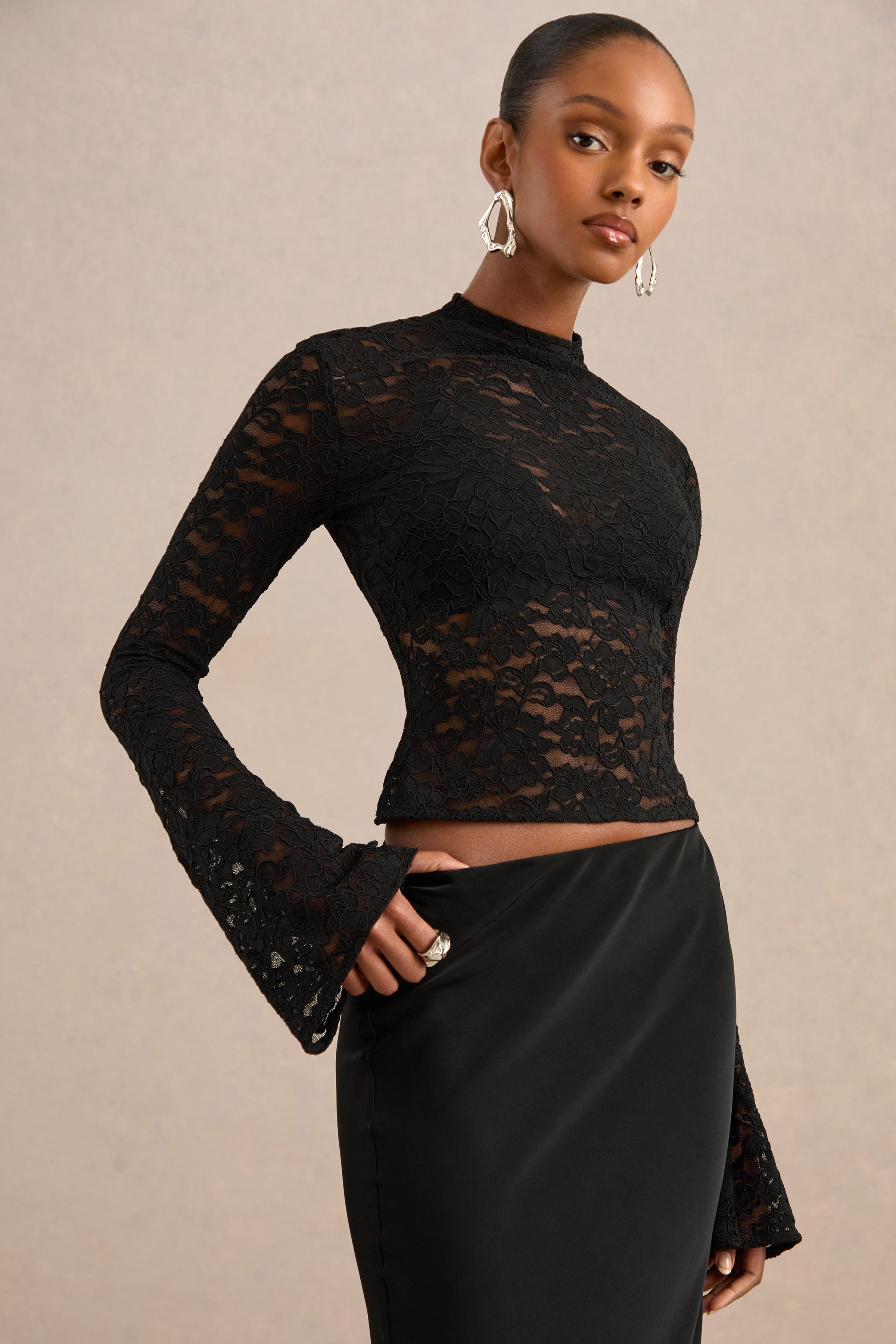 Maline | Black Lace High-Neck Top With Bell-Sleeves