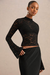 Maline | Black Lace High-Neck Top With Bell-Sleeves