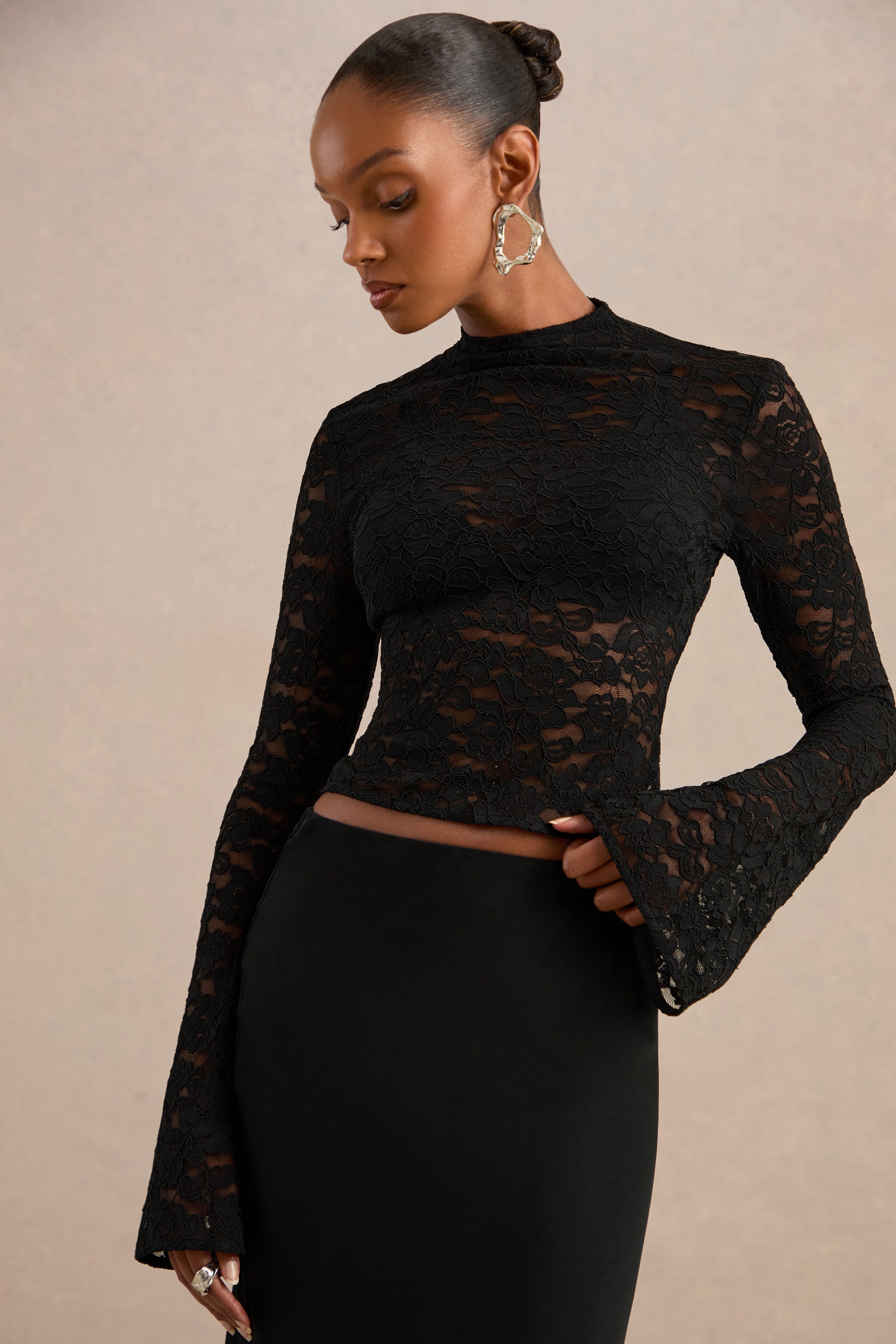 Maline | Black Lace High-Neck Top With Bell-Sleeves