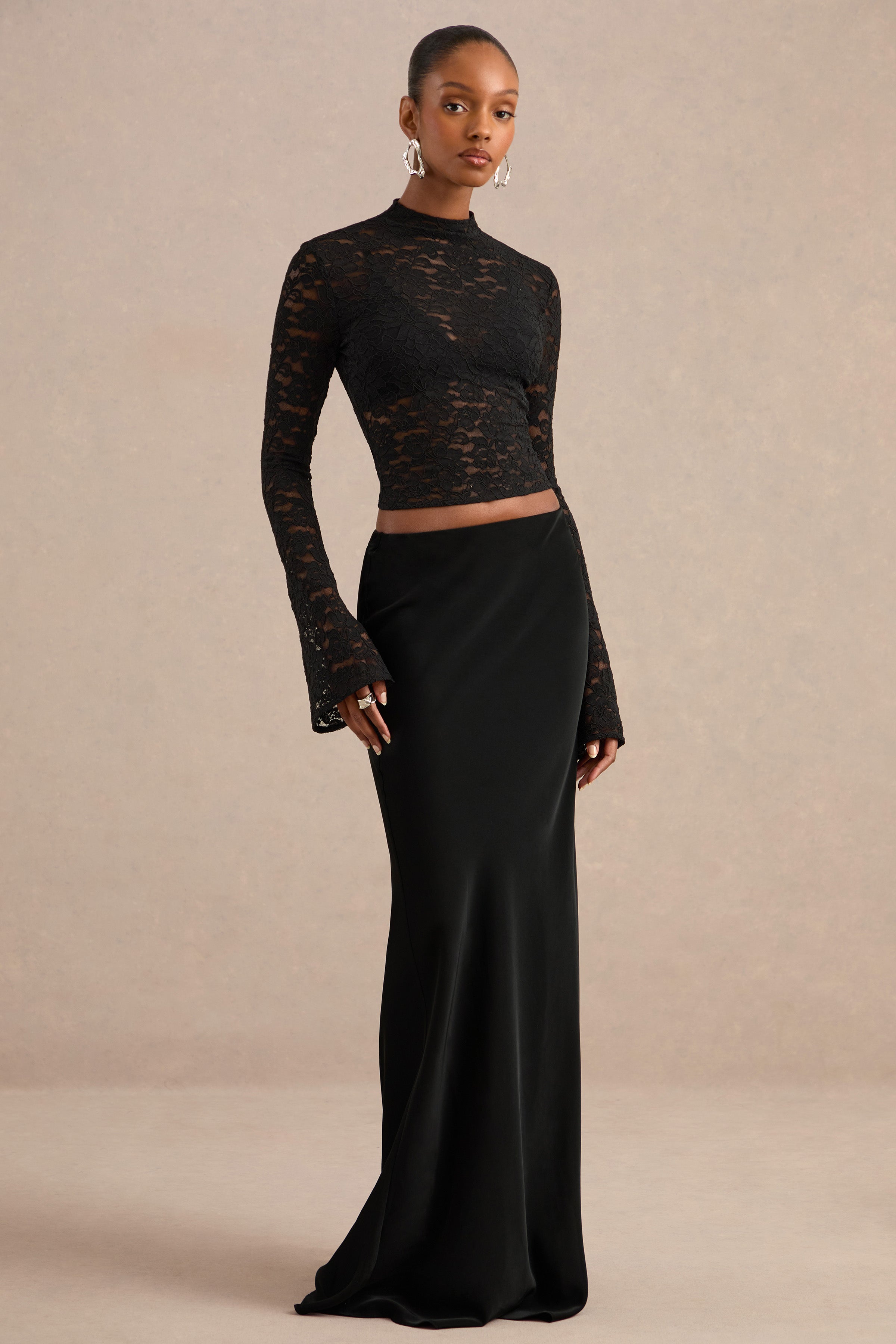 Maline | Black Lace High-Neck Top With Bell-Sleeves