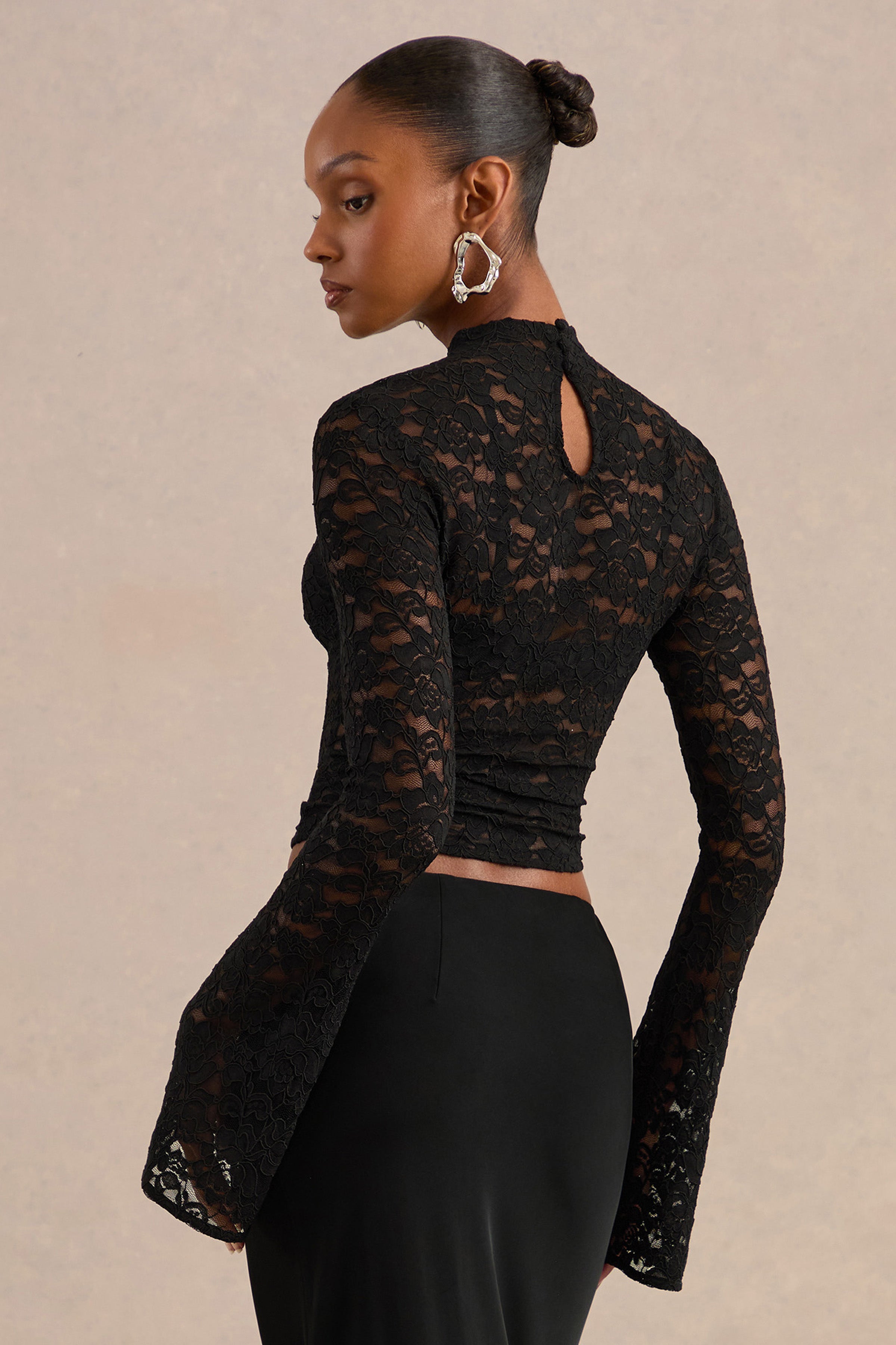 Maline | Black Lace High-Neck Top With Bell-Sleeves