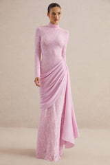 Enestra | Pink High-Neck Lace Maxi-Dress With Draped-Skirt