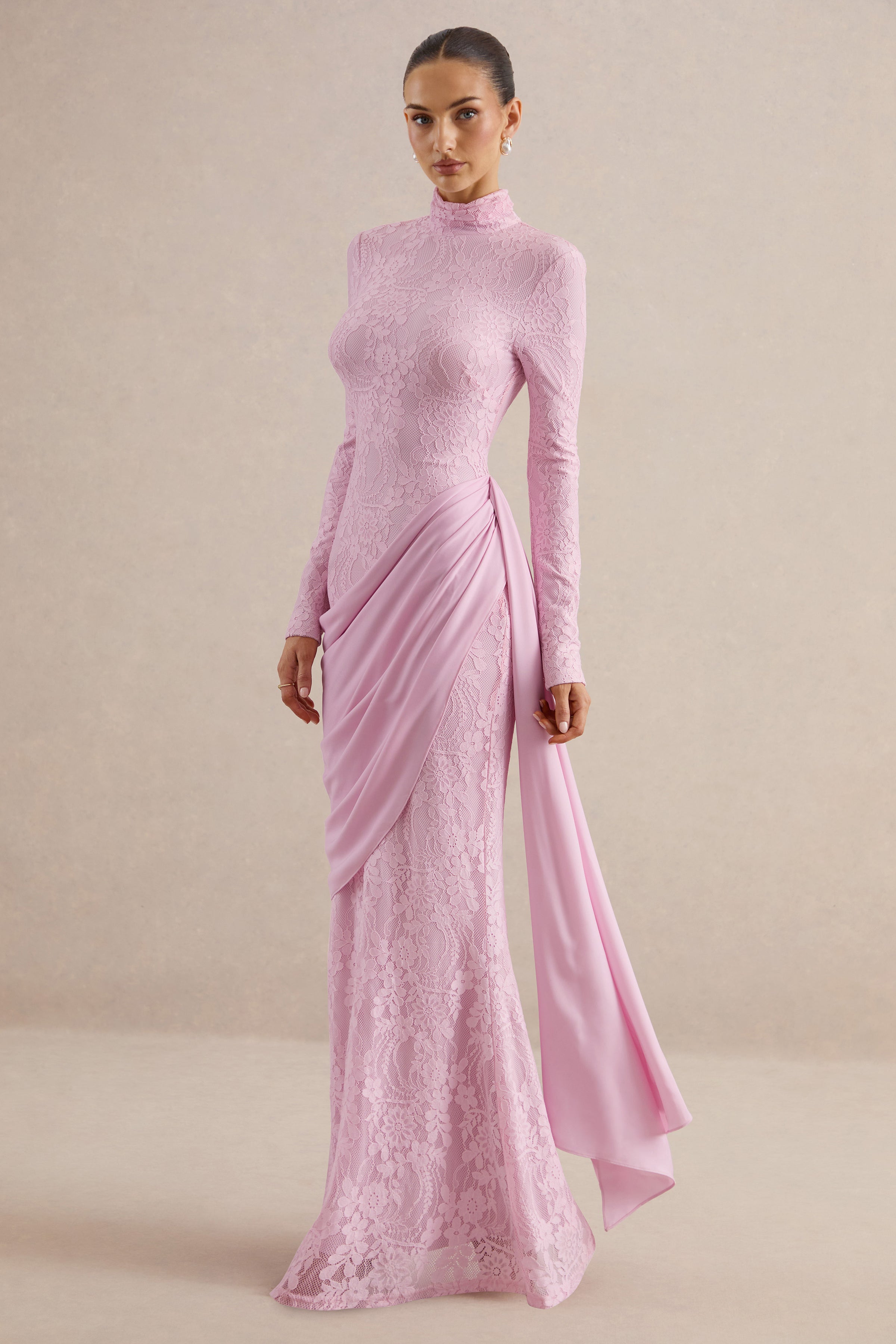Enestra | Pink High-Neck Lace Maxi-Dress With Draped-Skirt