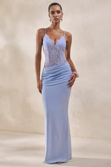 Vionne | Powder Blue Satin Maxi Skirt With Draped-Detailing