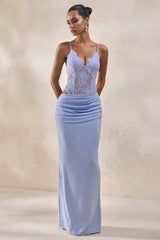 Vionne | Powder Blue Satin Maxi Skirt With Draped-Detailing