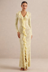 Exelia | Lemon Lace Plunge-Neck Maxi Dress With Long-Sleeves