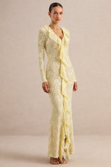 Exelia | Lemon Lace Plunge-Neck Maxi Dress With Long-Sleeves
