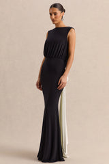 Elicette | Black Round-Neck Maxi Dress With Open-Back And Bow-Detail