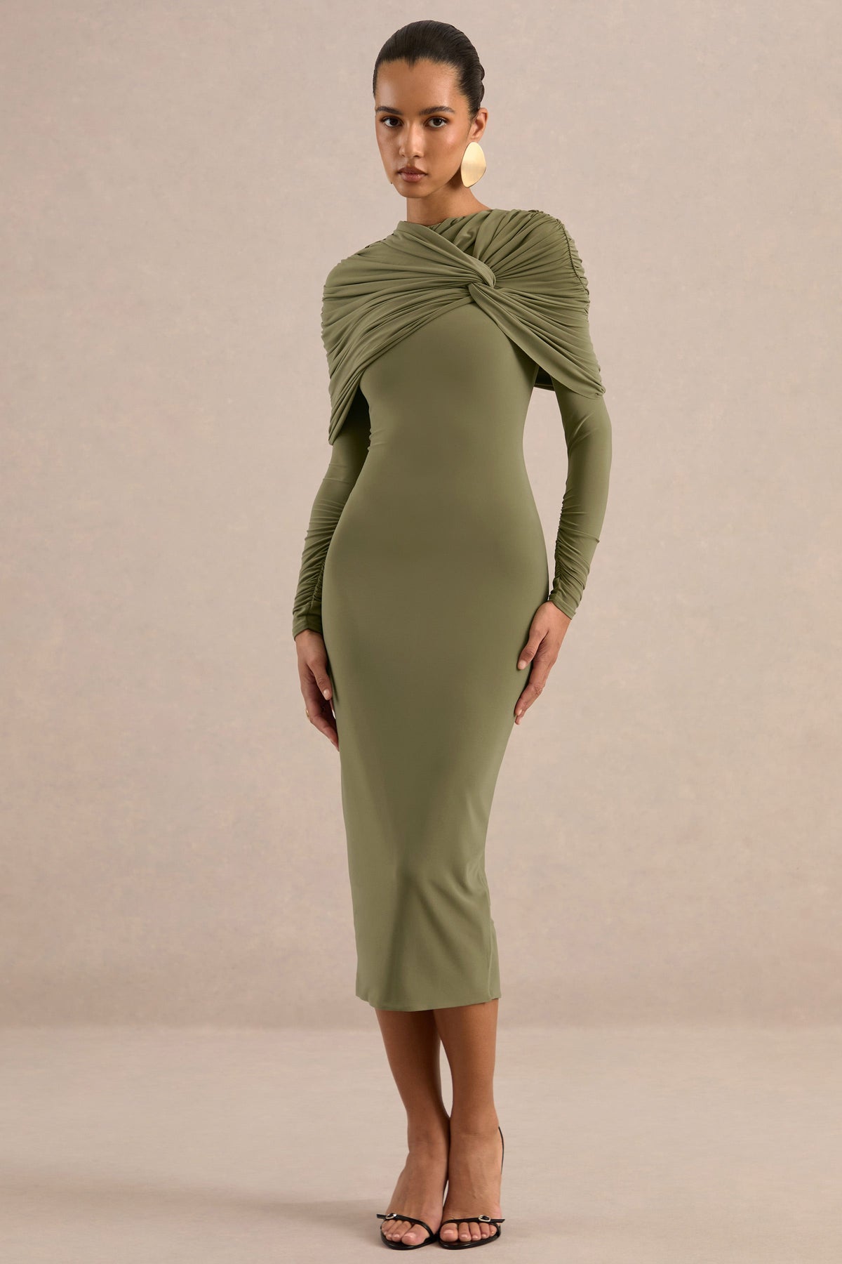 Delaria | Olive Crew-Neck Midi Dress With Twist-Knot Detail