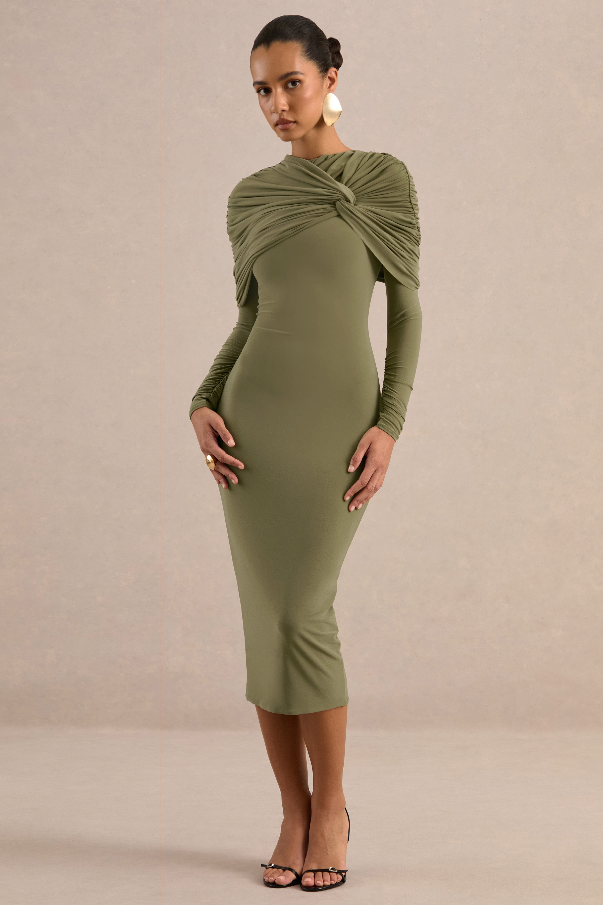 Delaria | Olive Crew-Neck Midi Dress With Twist-Knot Detail
