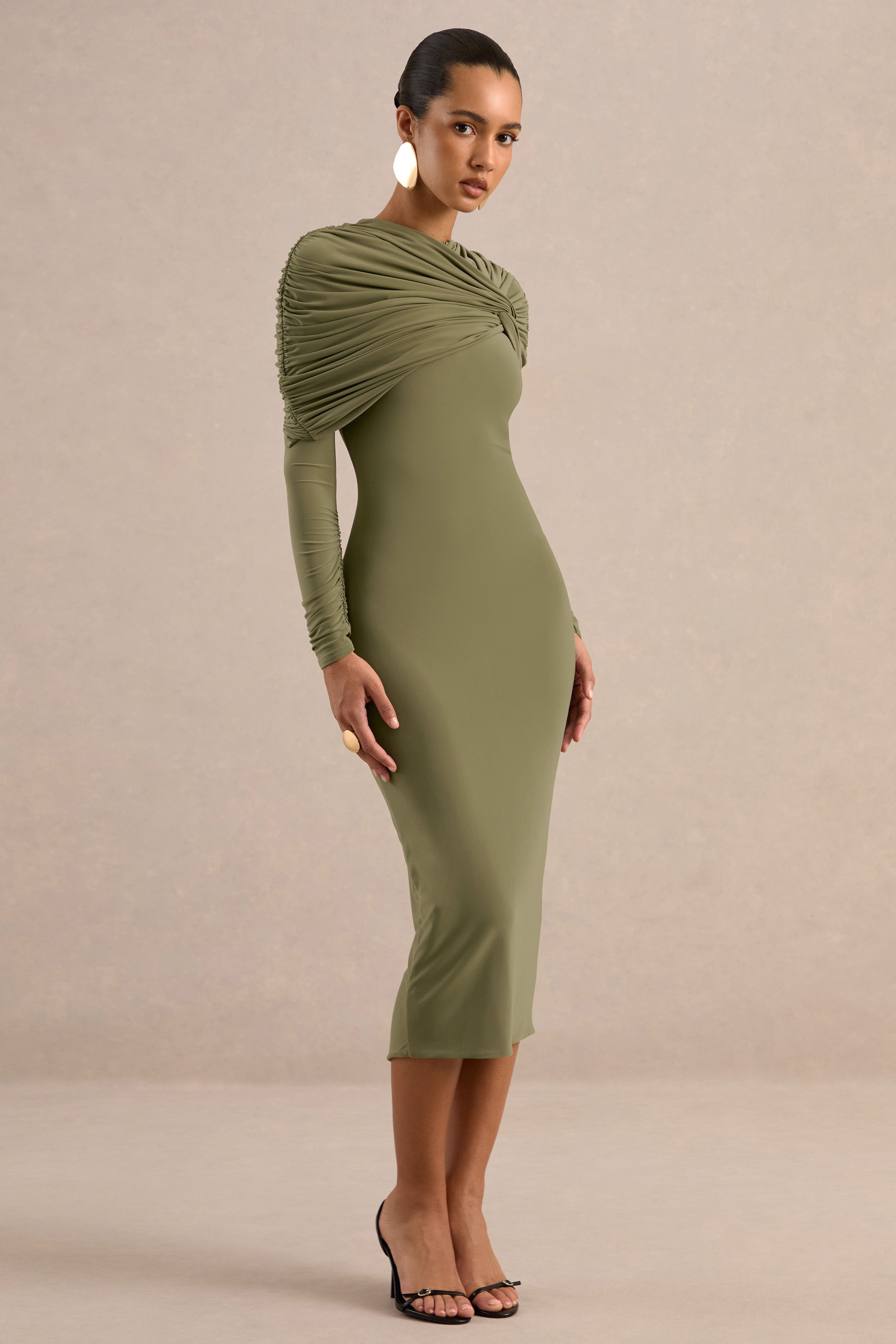 Delaria | Olive Crew-Neck Midi Dress With Twist-Knot Detail