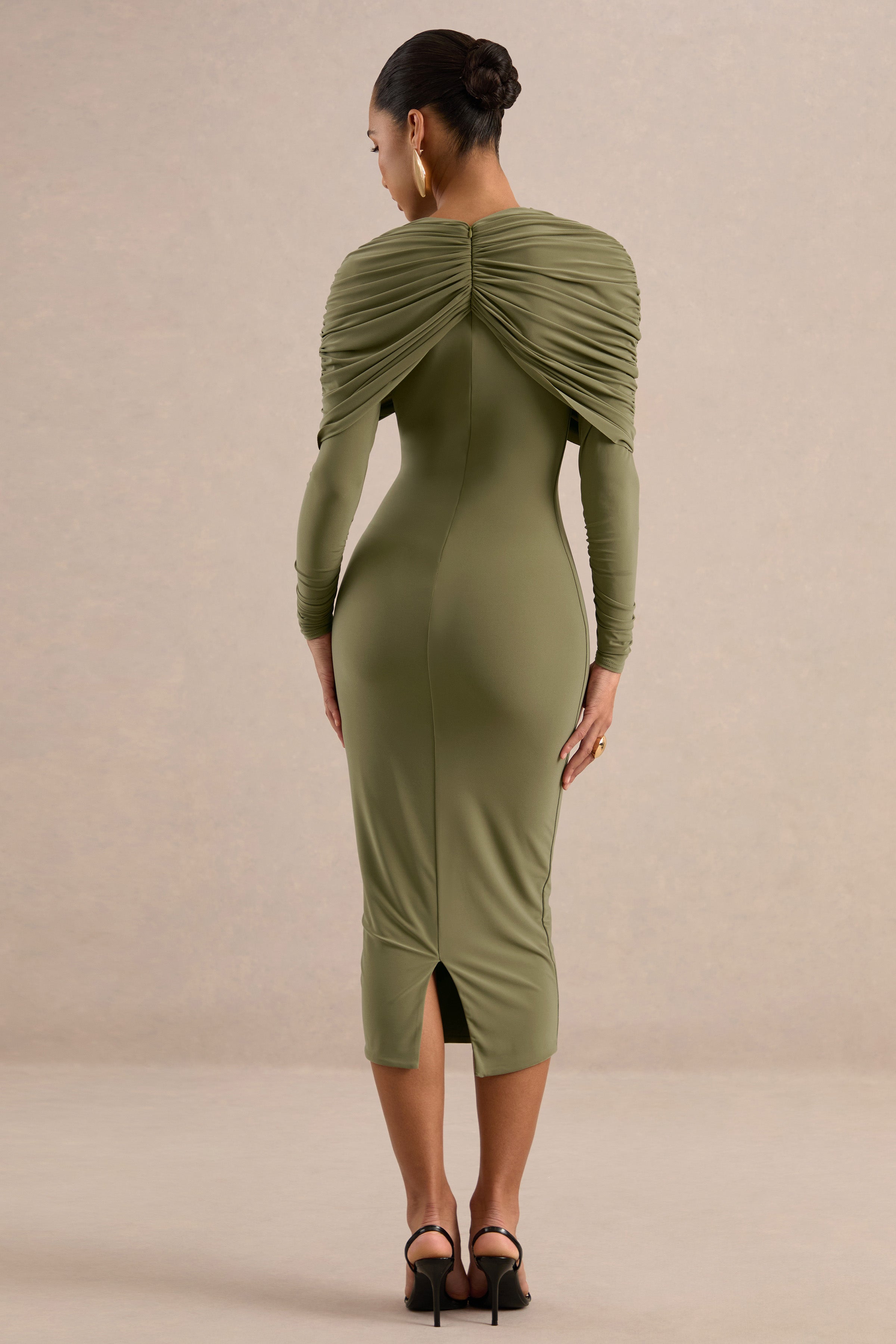 Delaria | Olive Crew-Neck Midi Dress With Twist-Knot Detail