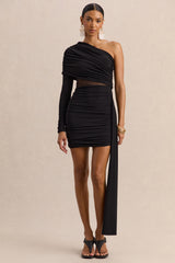 Celara | Black Asymmetric-Neck Mini Dress With Mesh-Detail And Sash