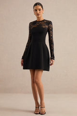 Aerin | Black High-Neck Mini Dress With Lace Sleeves