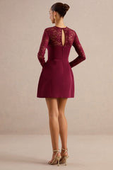 Aerin | Burgundy High-Neck Mini Dress With Lace Sleeves