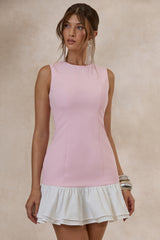 Aradia | Pink & White Crew-Neck Mini Dress With Ruffled-Detailing