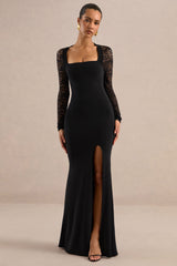 Anessa | Black Square-Neck Maxi Dress With Lace Long-Sleeves