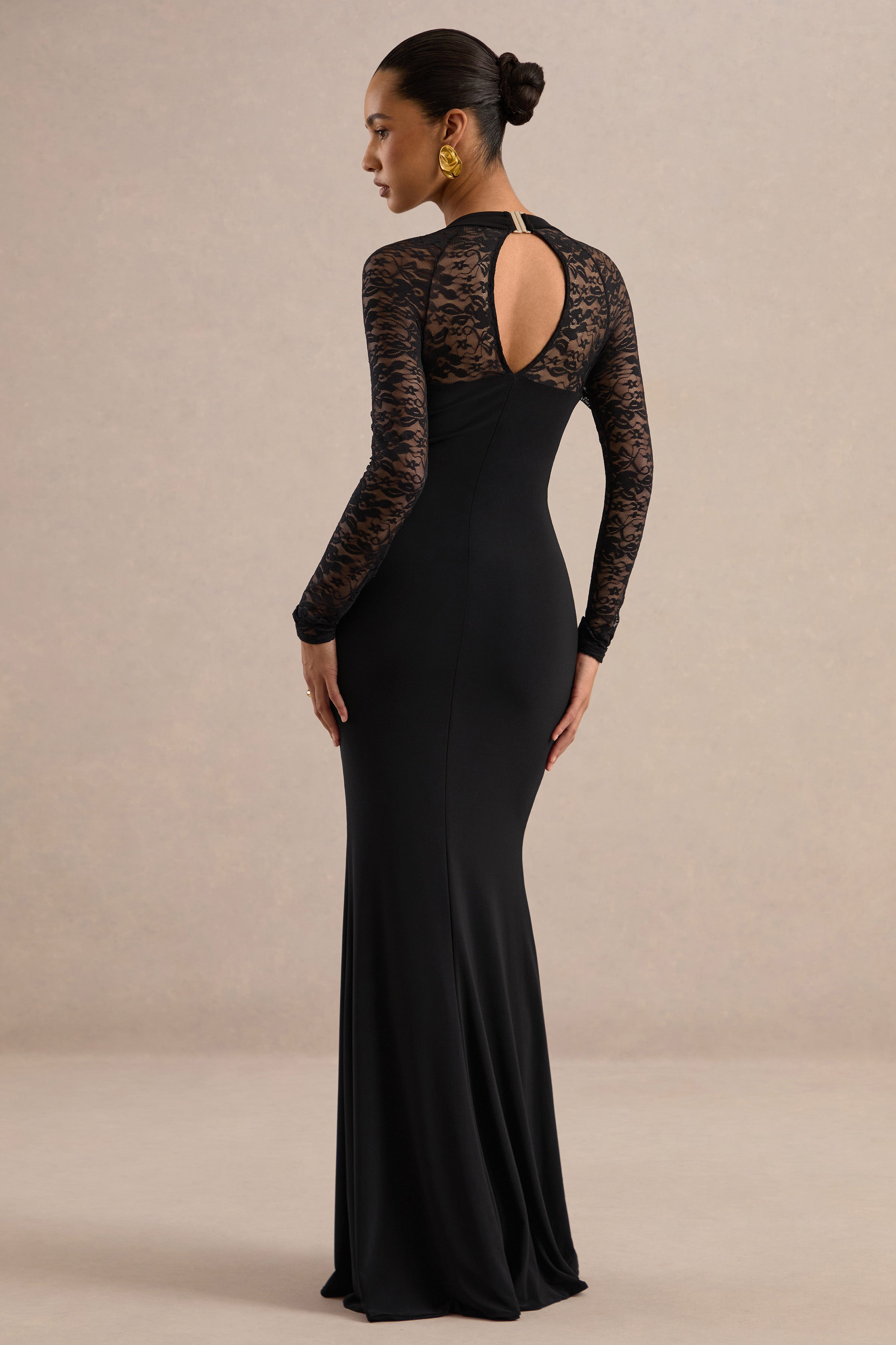 Anessa | Black Square-Neck Maxi Dress With Lace Long-Sleeves