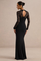 Anessa | Black Square-Neck Maxi Dress With Lace Long-Sleeves