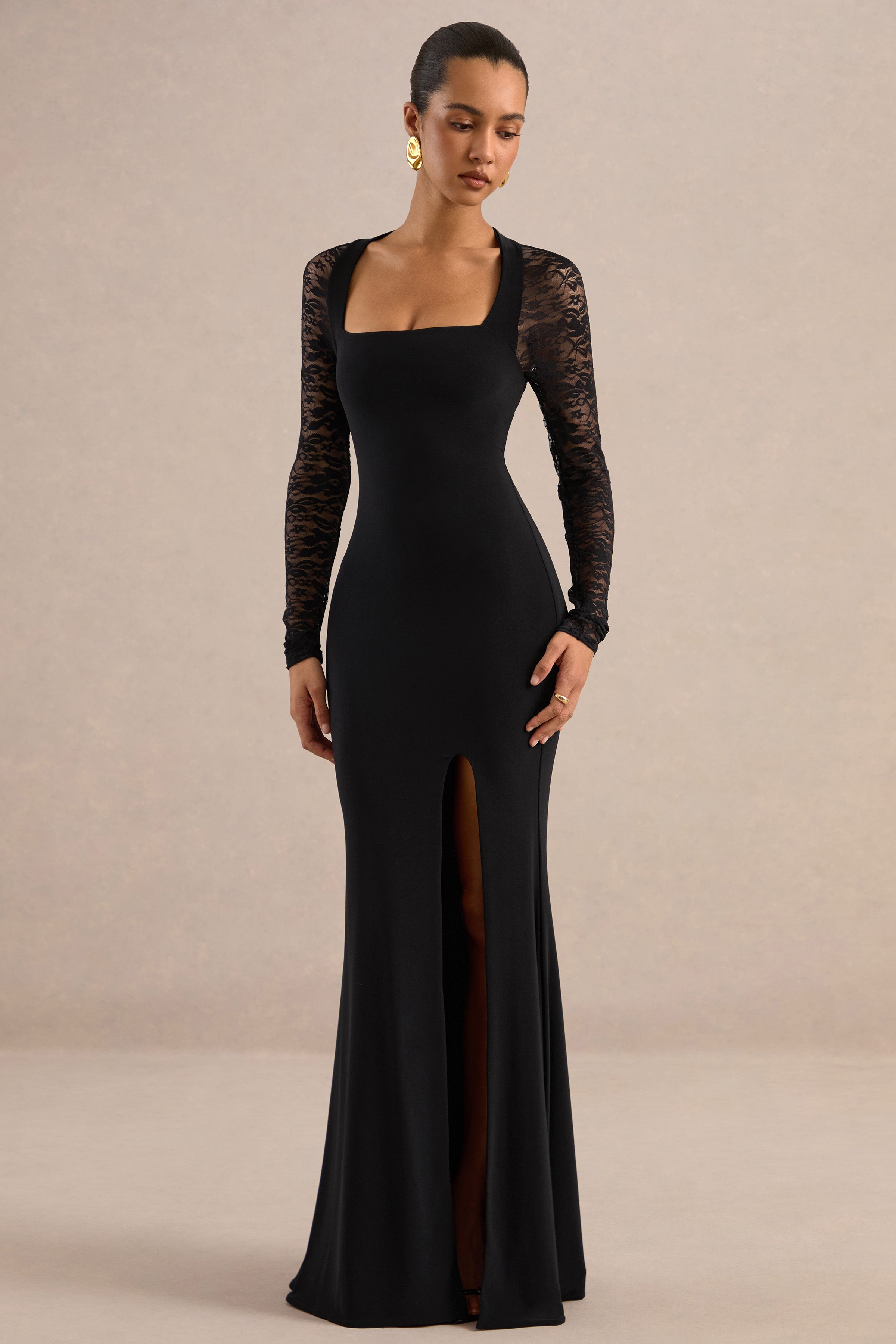 Anessa | Black Square-Neck Maxi Dress With Lace Long-Sleeves