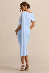 Braelyn | Powder Blue Asymmetric-Neck Maternity Midi Dress With Gathered Detailing And Sash