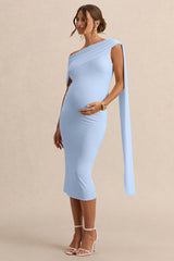Braelyn | Powder Blue Asymmetric-Neck Maternity Midi Dress With Gathered Detailing And Sash