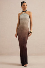 Thera | Brown Ombre Halter-Neck Maxi Dress With Gold Detail