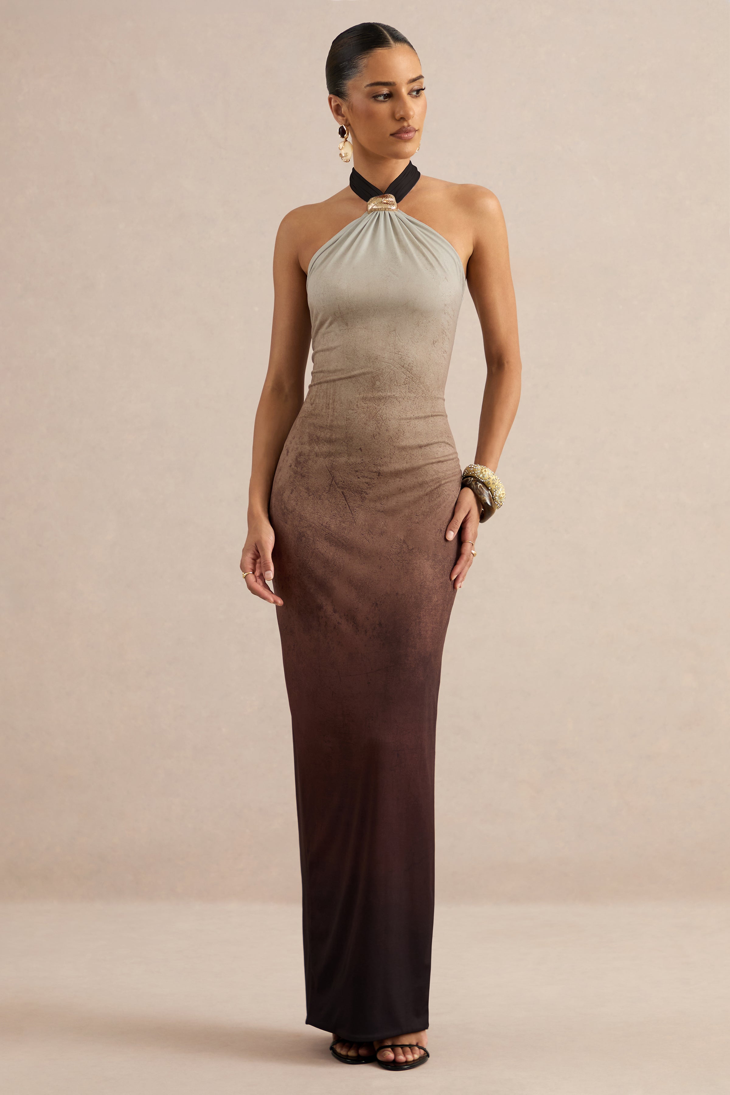 Thera | Brown Ombre Halter-Neck Maxi Dress With Gold Detail