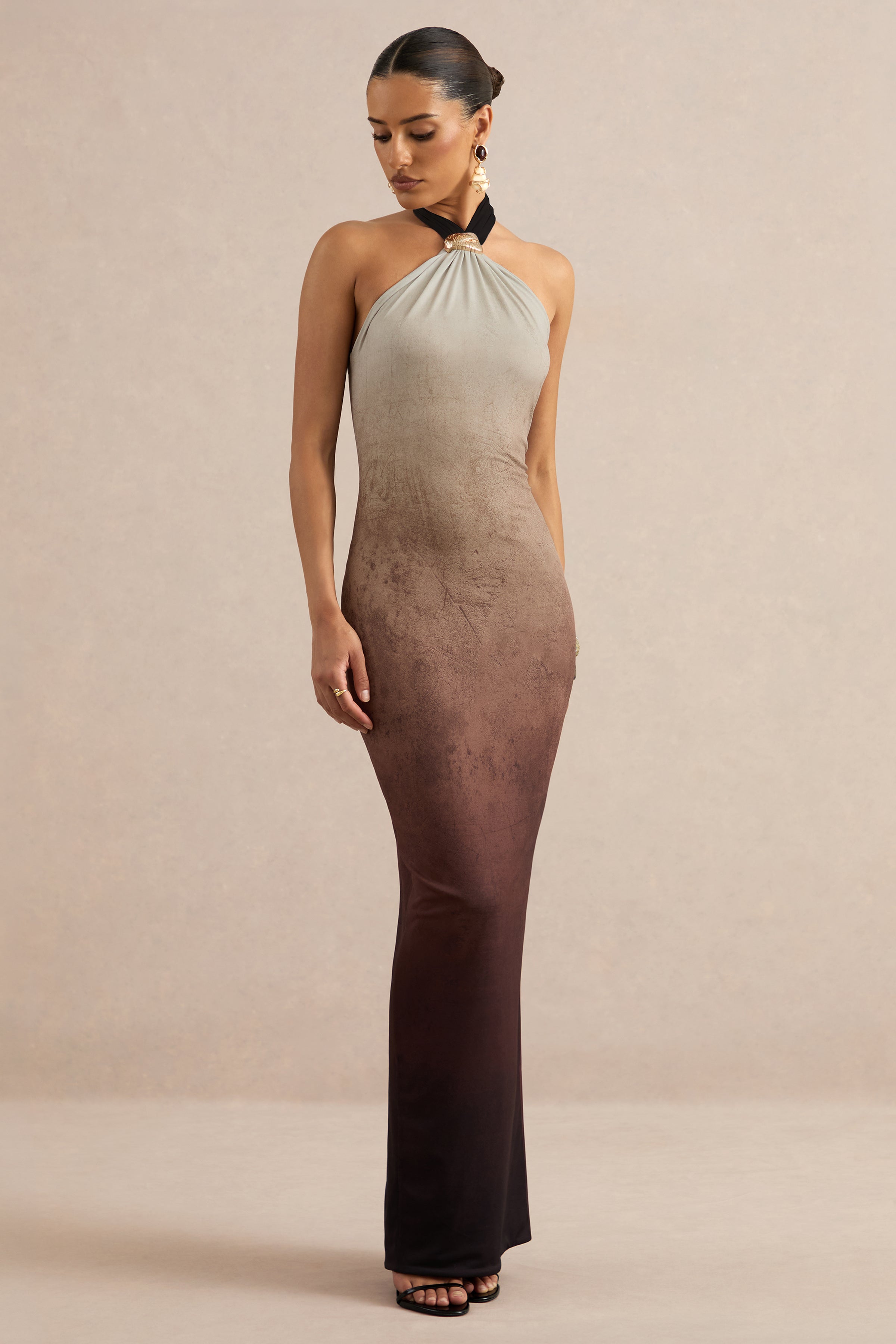 Thera | Brown Ombre Halter-Neck Maxi Dress With Gold Detail