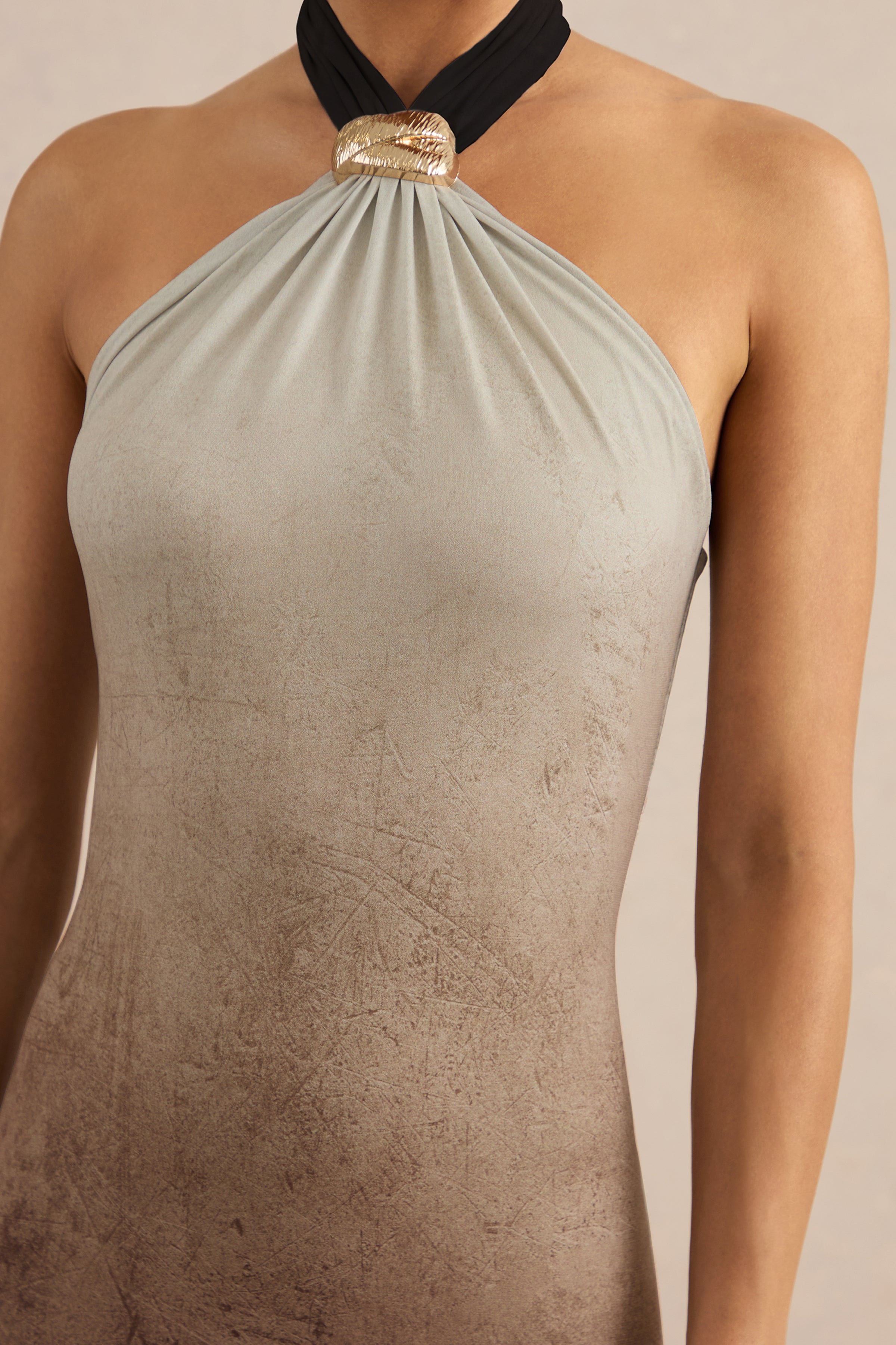 Thera | Brown Ombre Halter-Neck Maxi Dress With Gold Detail