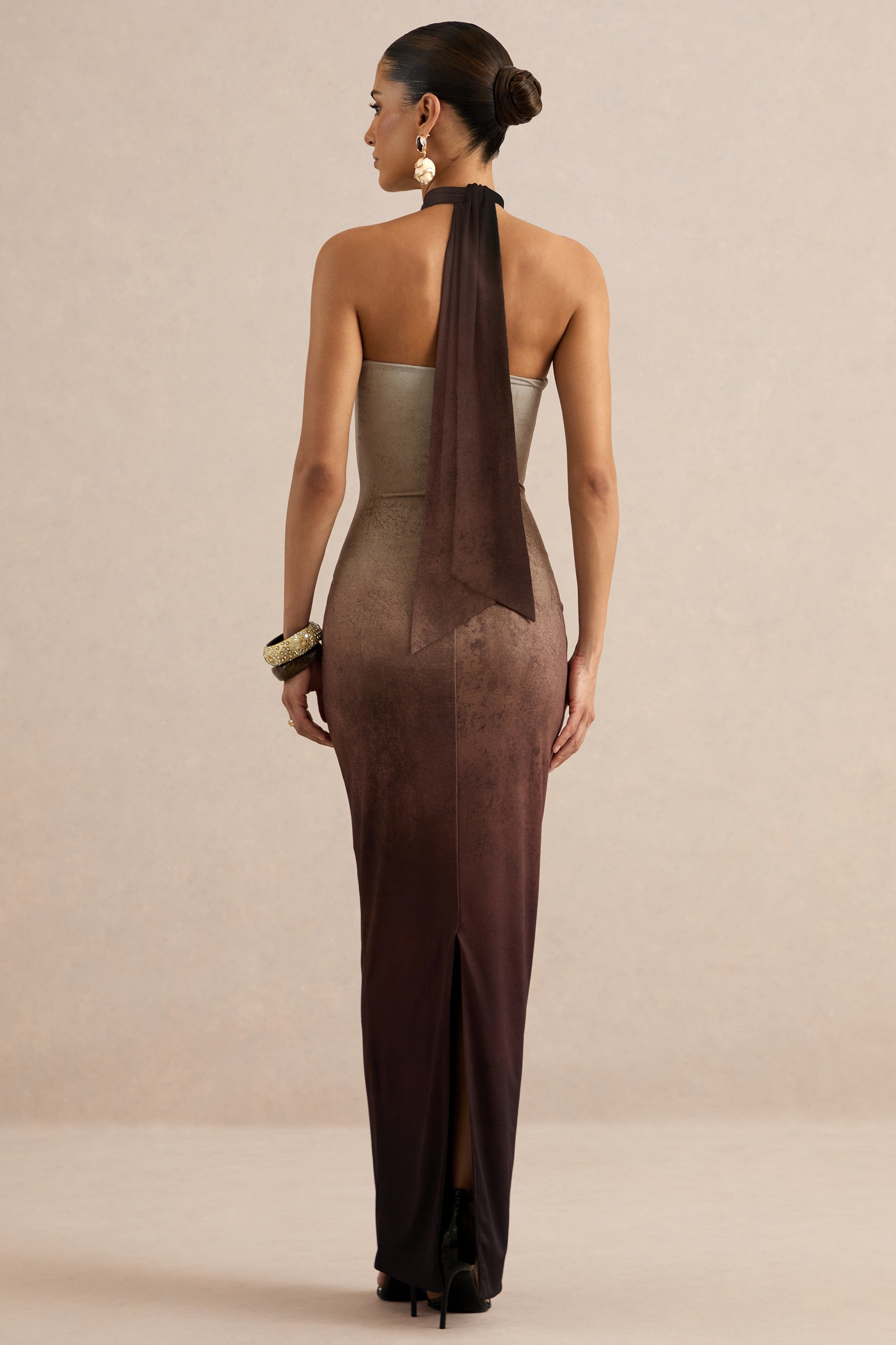 Thera | Brown Ombre Halter-Neck Maxi Dress With Gold Detail