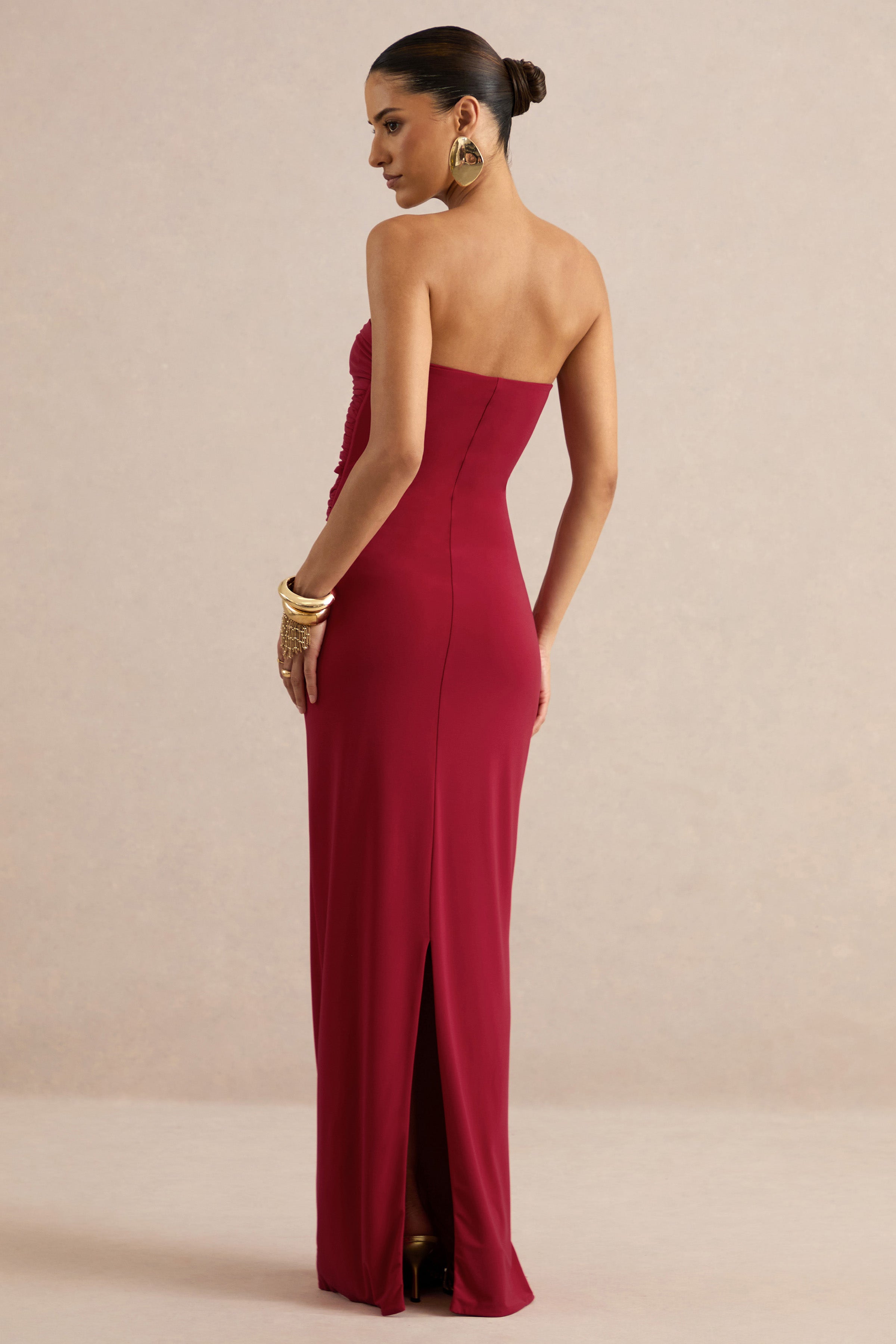 Mireia | Red Bandeau-Neck Maxi Dress With Body Cut-Out And Gold Details