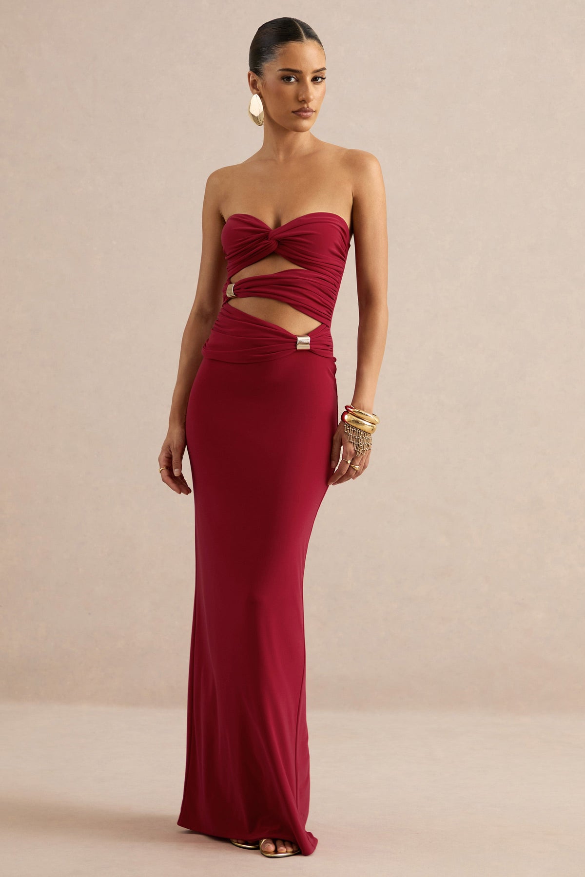 Mireia | Red Bandeau-Neck Maxi Dress With Body Cut-Out And Gold Details