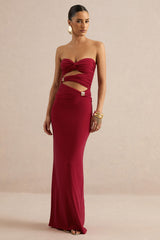 Mireia | Red Bandeau-Neck Maxi Dress With Body Cut-Out And Gold Details