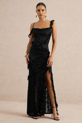 Sera | Black Lace Ruffle Trim Maxi Dress