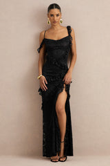 Sera | Black Lace Ruffle Trim Maxi Dress
