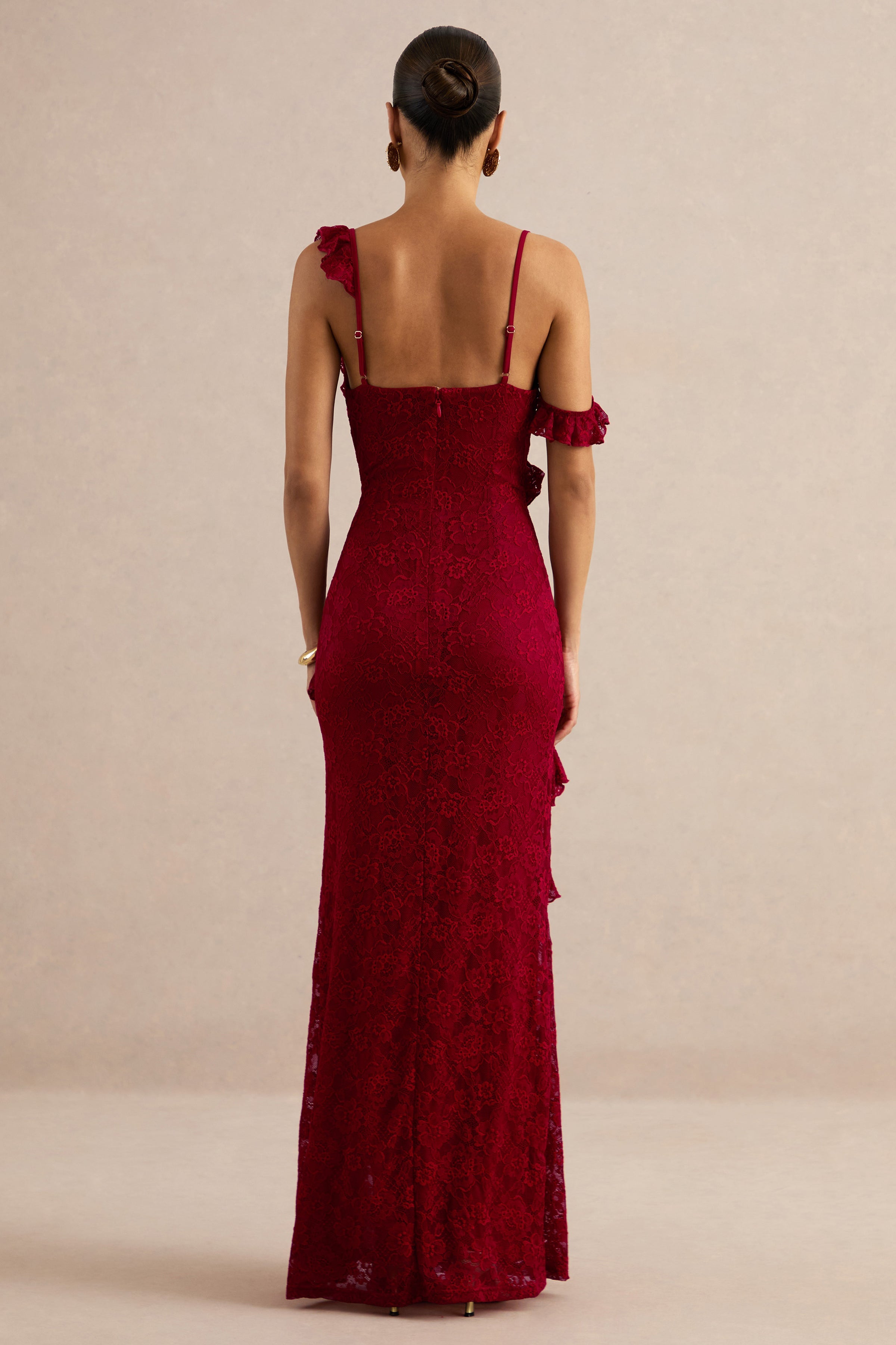 Sera | Red Lace Ruffle Trim Maxi Dress