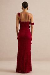 Sera | Red Lace Ruffle Trim Maxi Dress