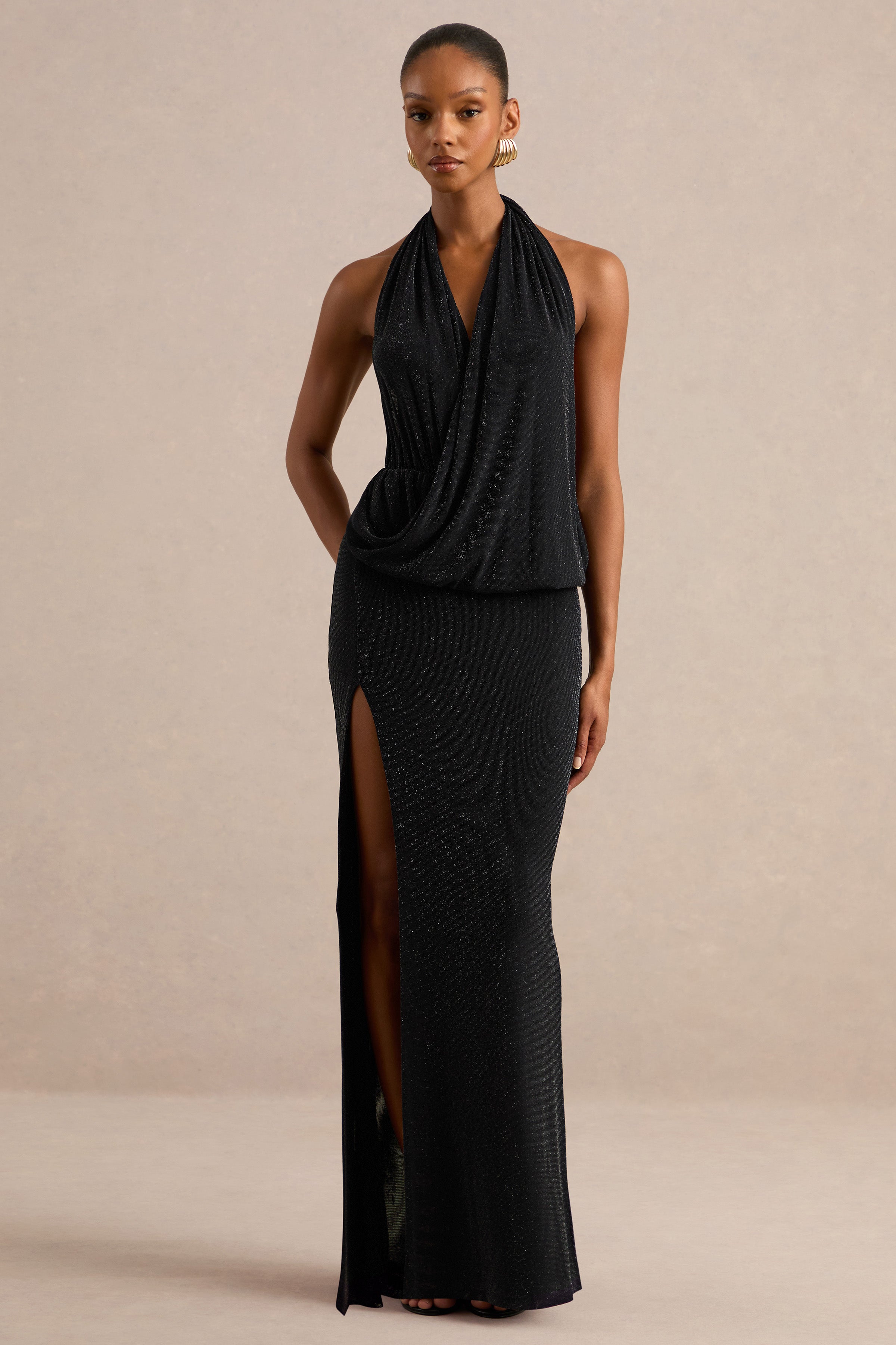Velia | Black Extreme Plunge-Neck Semi-Sheer Maxi Dress With Front High Split