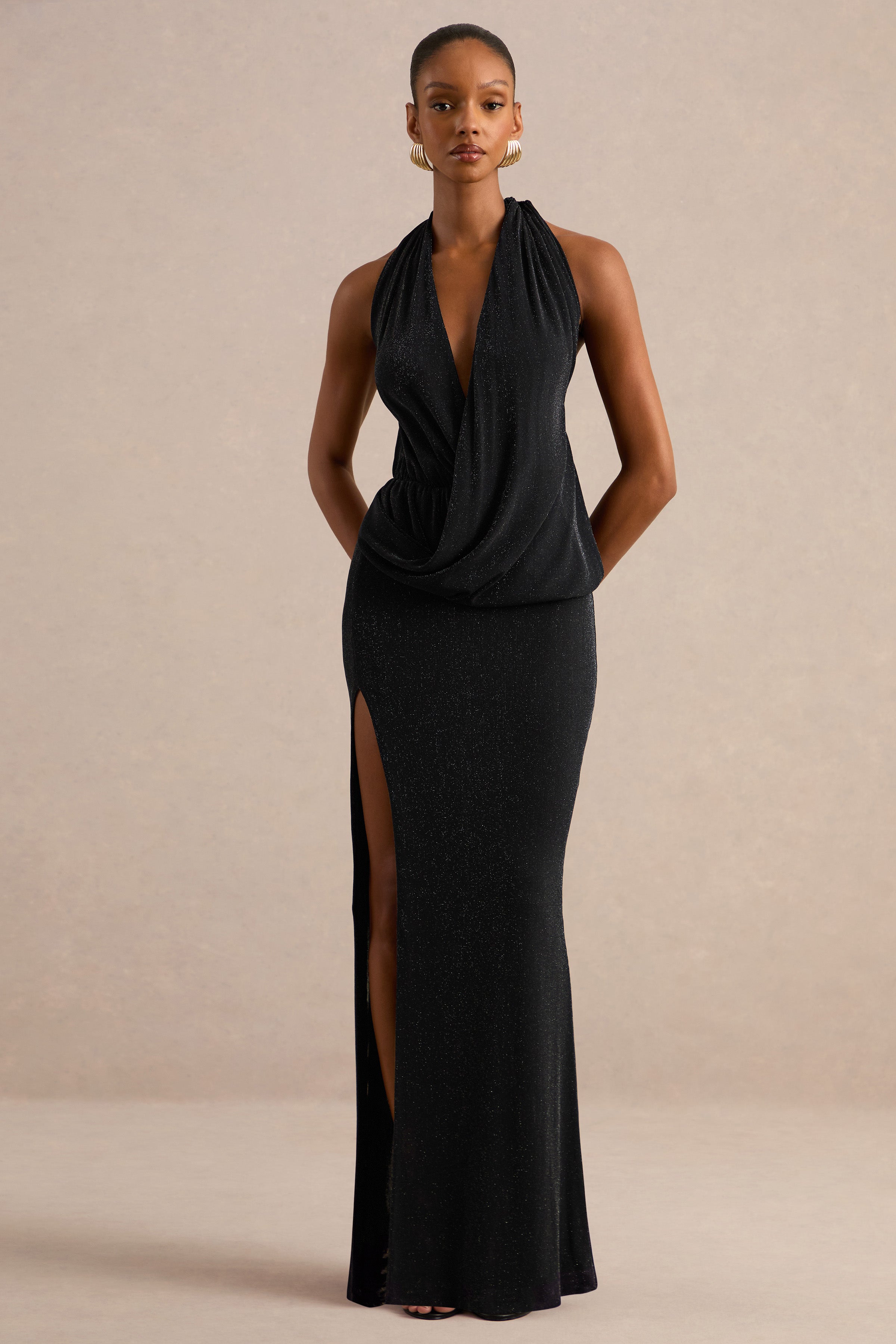 Velia | Black Extreme Plunge-Neck Semi-Sheer Maxi Dress With Front High Split