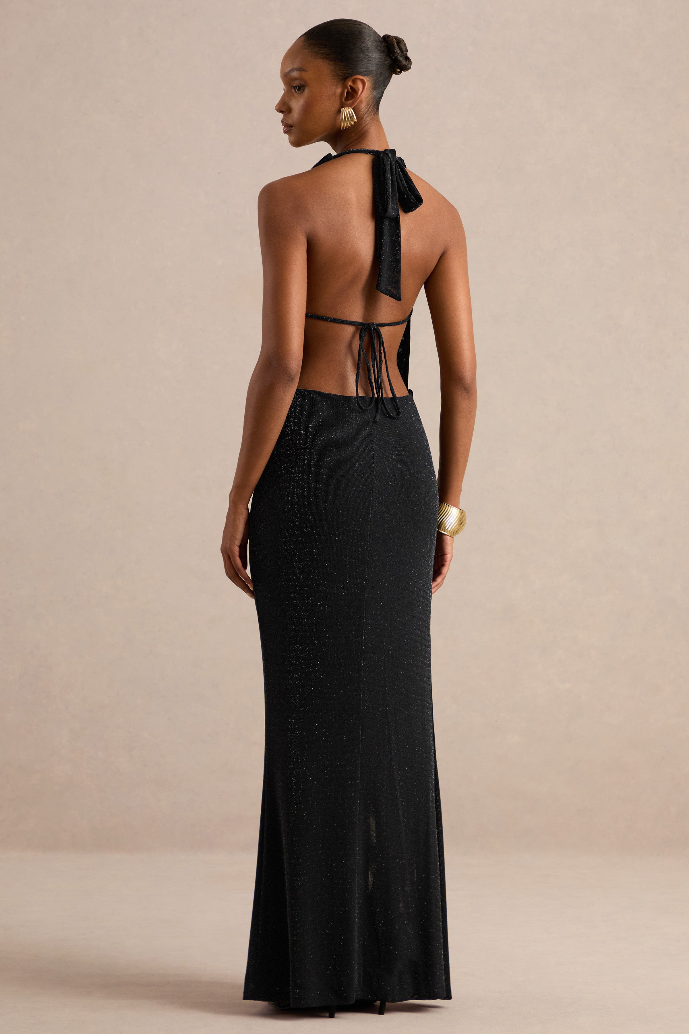 Velia | Black Extreme Plunge-Neck Semi-Sheer Maxi Dress With Front High Split