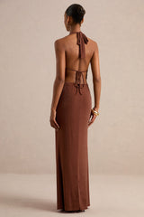 Velia | Brown Extreme Plunge-Neck Semi-Sheer Maxi Dress With Front High Split