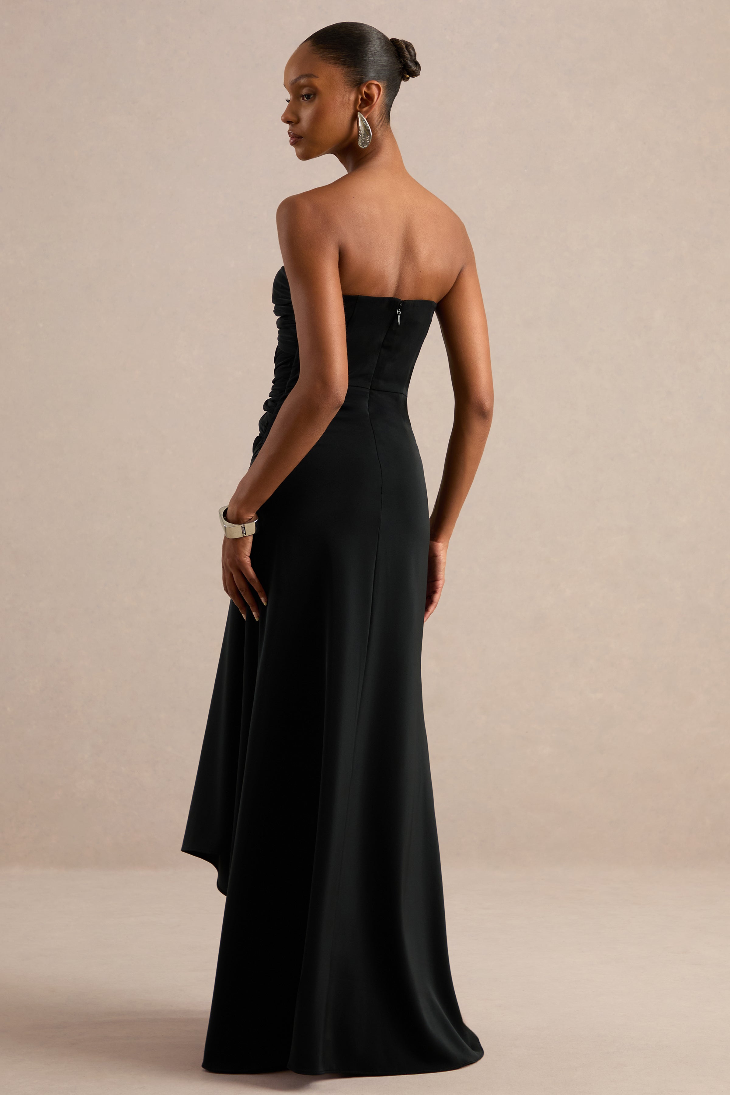 Alinae | Black Satin Bandeau-Neck Maxi Dress With Body Cut-Outs