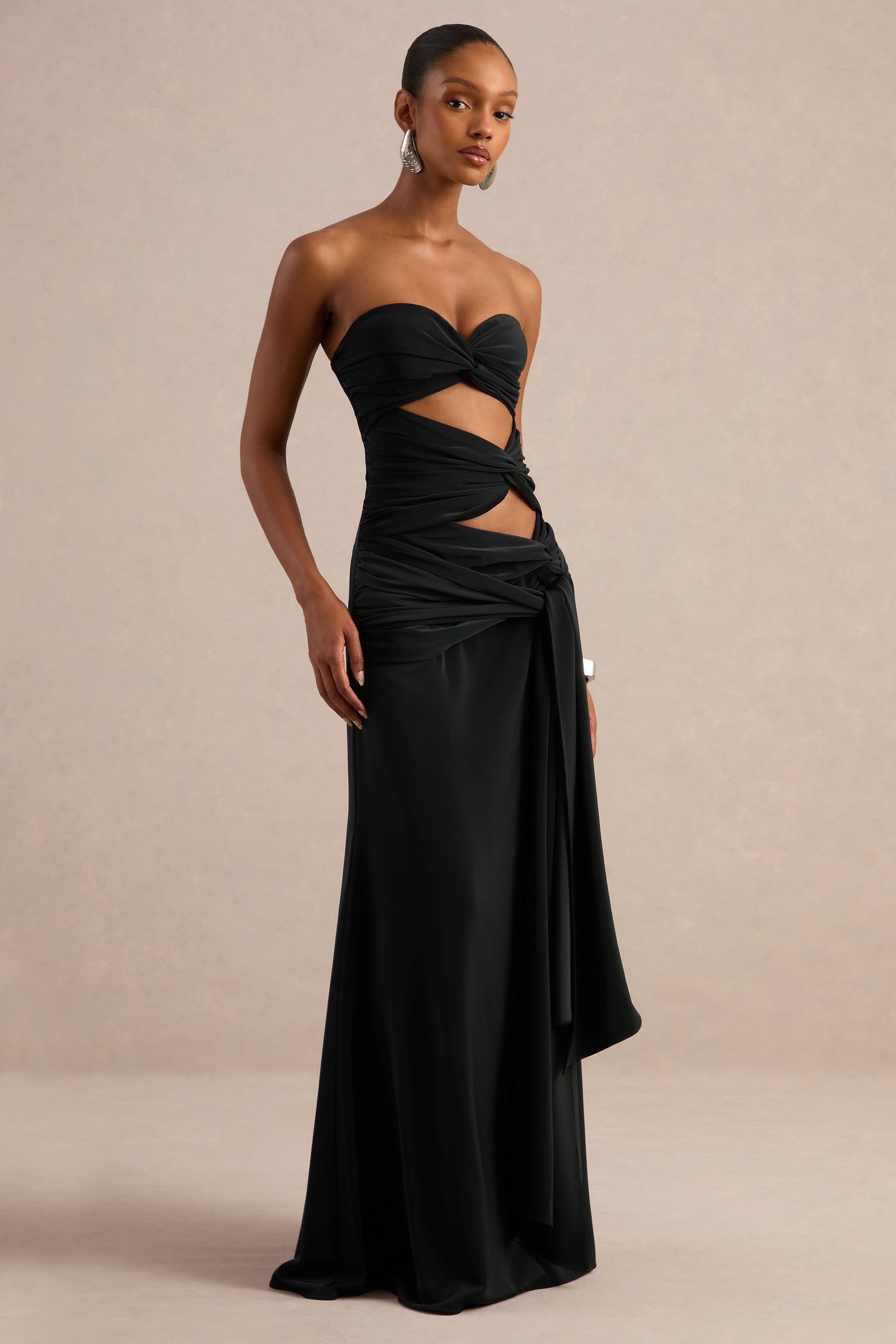 Alinae | Black Satin Bandeau-Neck Maxi Dress With Body Cut-Outs